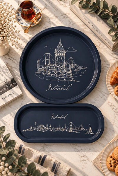 Sarkap Home 34 cm İstanbul Lacivert Tepsi ve 16x35 Oval Tepsi Seti