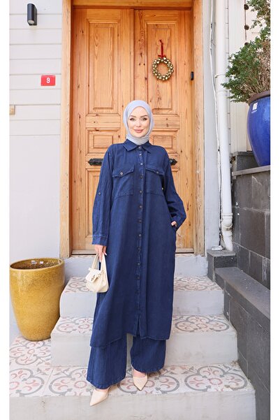 NİSUM MODA Μακρύ λινό σετ με τσέπες