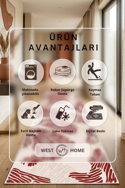 West Home Makinede Yıkanabilir Kaymaz Taban Leke Tutmaz Dijital Salon Mutfak Balkon Halısı ve Yolluk