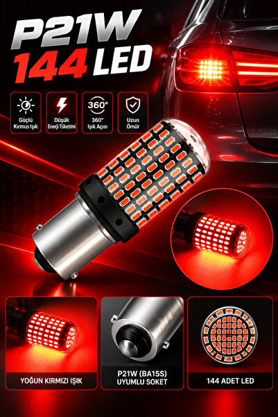 MeyZone 1 Adet Oto Stop Sinyal Geri Vites Ampulü 144 Led 93 P21W Kırmızı
