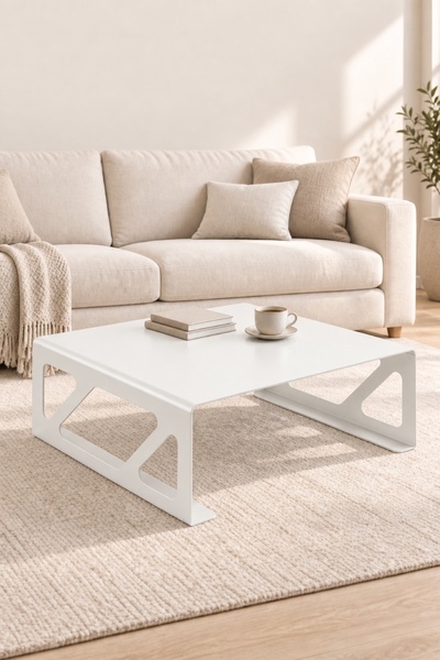 Kare Paslanmaz Çelik Orta Sehpa - 80x80 cm - Geometrik Kesim Çelik Gövdeli Modern Sehpa - Metal Salon Sehpası