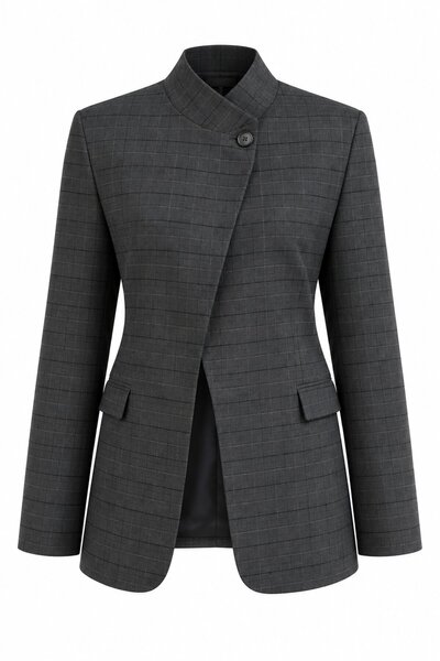 Laluvia Anthracite Hakim Collar Model Plaid Jacket - 2Y4103