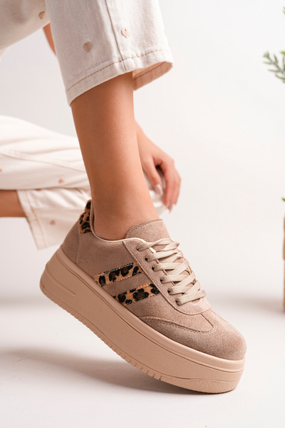 BAHRİNA Women's Mink Suede Leopard Thick Sole Sneaker