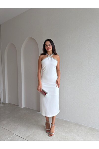 Mooi Butik Rochie midi cu detalii din piatră SELES 4141 - Albă