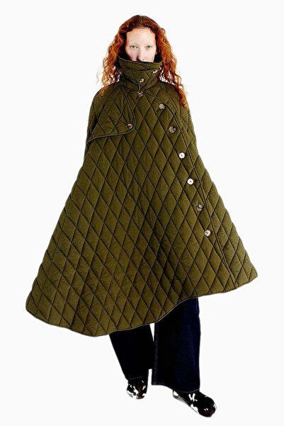 A.W.A.K.E. MODE Women's Long Quilted Dark Khaki Green Trench Coat