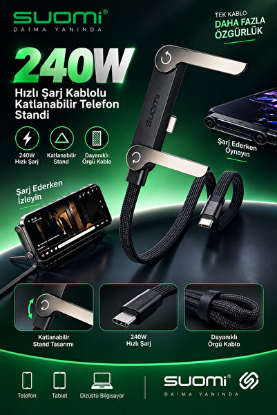 Suomi 240W Type-C Hızlı Şarj Kablolu Katlanabilir Telefon Standı 1.5m Örgü Ka...
