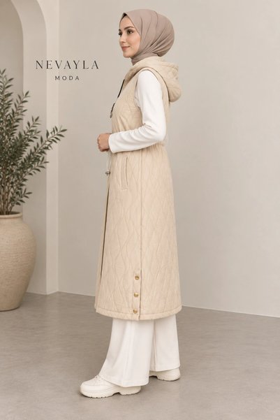Nevayla Moda Mevsimlik Kapüşonlu Yelek - Bej / M117