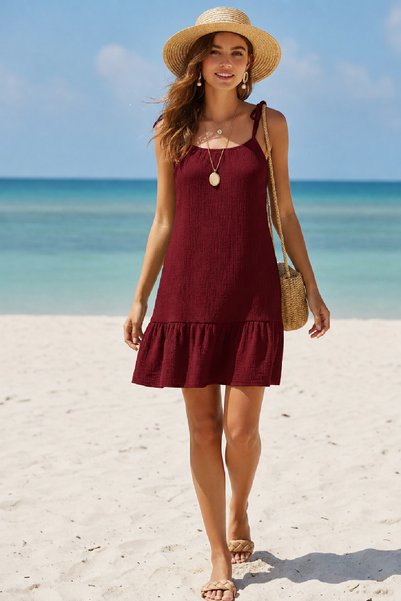 Generic Brand Women's Burgundy Strappy Loose Cut Ruffle Beach Dress H110412