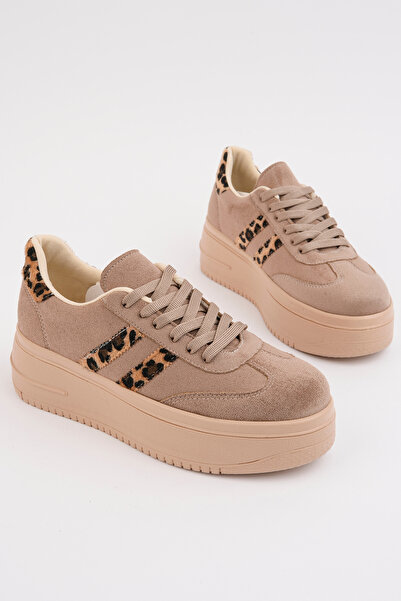 BAHRİNA Women's Mink Suede Leopard Thick Sole Sneaker