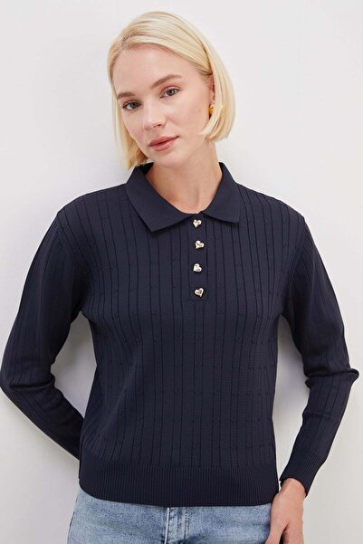 Fulla Moda Heart-Shaped Half Button Polo Collar Knit Sweater