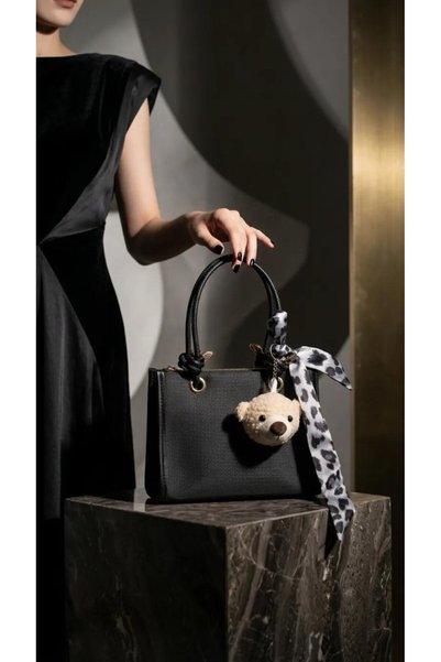 Generic Brand Black Scarf Detailed Teddy Bear Charm Accessory Knot Strap Zippered Women's Shoulder Bag