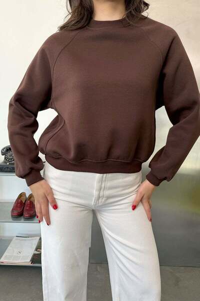 GİYSA Kadın Bisiklet Yaka Reglan Kol Basic Sweatshirt Kahverengi - 27K 2711