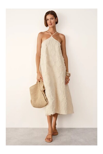 THE WHITE COMPANY فستان جاكار نسائي متوسط الطول بياقة هالتر