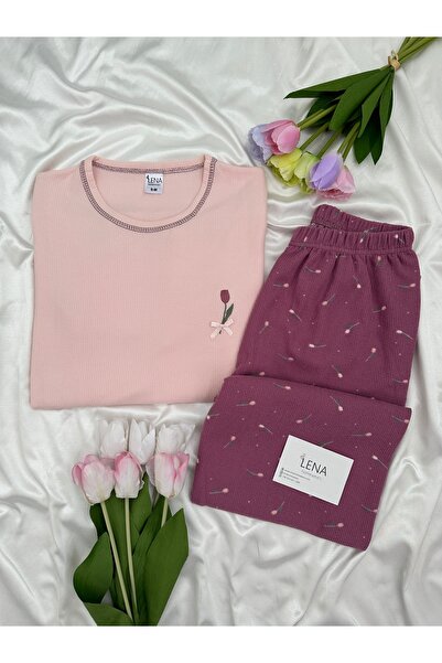 Lena Homewears Σετ πιτζάμες με μακρυμάνικο σχέδιο βάφλας με μοτίβο δαμασκηνί ...