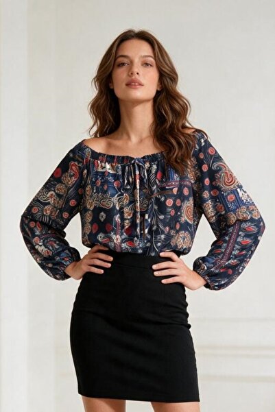 OEM Bluza dama eleganta cu umerii goi si imprimeu etnic multicolor, maneci lu...