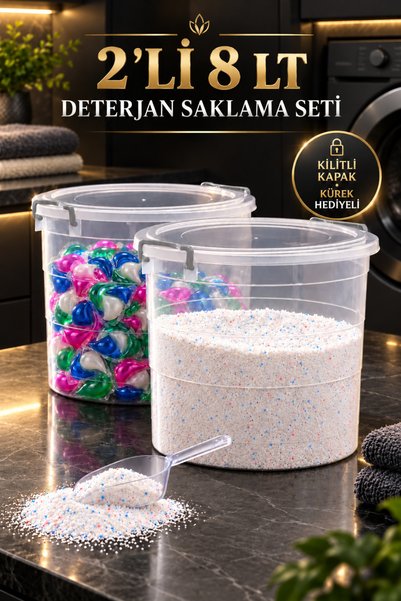 Kitchen Line Set of 2 8-Liter Gray Detergent Storage Containers with Locking Lids – Powder and Capsule Detergent Box, with Shovel as a Gift
