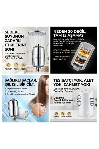 Fause Banyo Su Arıtma Cihazı Duş Filtresi 15 Aşama Filtreli Saç ve Cilt Dostu Klor Kireç Önleyici