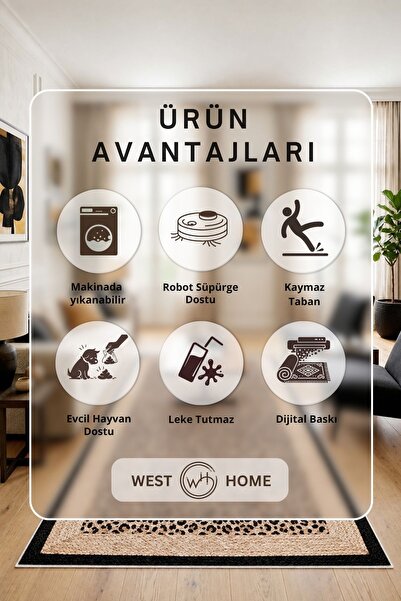 West Home Makinede Yıkanabilir Kaymaz Taban Leke Tutmaz Dijital Salon Mutfak Balkon Halısı ve Yolluk