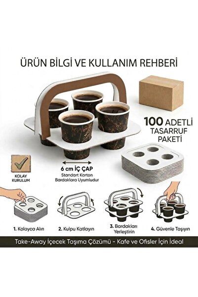 MEŞPA AMBALAJ 4'lü Karton Bardak Taşıyıcı Kulp Aparatı 100 Adet - Kahve İçece...