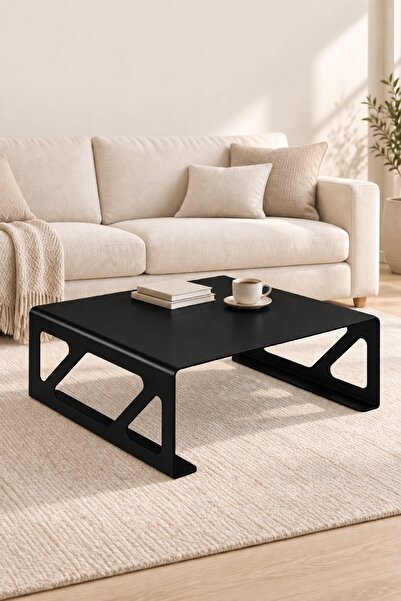 Kare Paslanmaz Çelik Orta Sehpa - 80x80 cm - Geometrik Kesim Çelik Gövdeli Modern Sehpa - Metal Salon Sehpası
