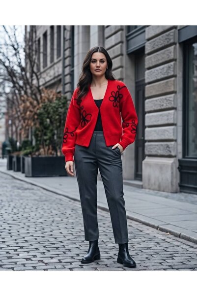 Trend Kapında Floral Motif Knitwear Cardigan