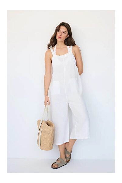 THE WHITE COMPANY بذلة نسائية من الكتان بياقة مربعة