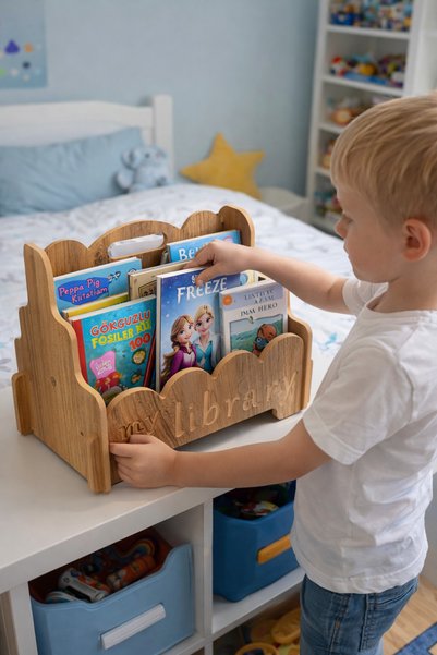 MONTETOYS Kişiye Özel Çocuk Kitaplığı | İsimli Montessori Kitaplık | 2 Bölmeli MDF Çocuk Kitap Düzenleyici