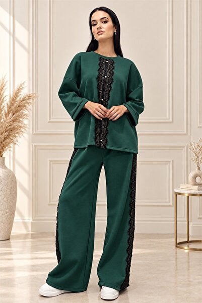 FashionForYou Casual jumpsuit Alberta, with lace and pearl inserts, Emerald G...
