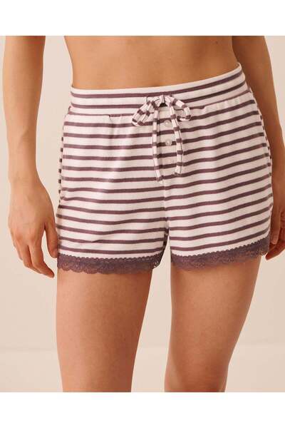 La Vie en Rose Striped Lace-Trim Soft Knit Pajama Shorts