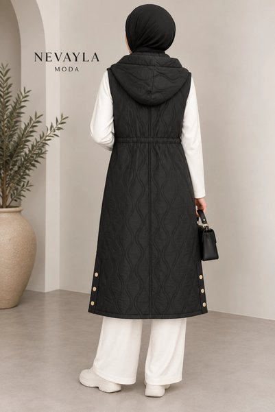 Nevayla Moda Mevsimlik Kapüşonlu Yelek - Siyah / M117