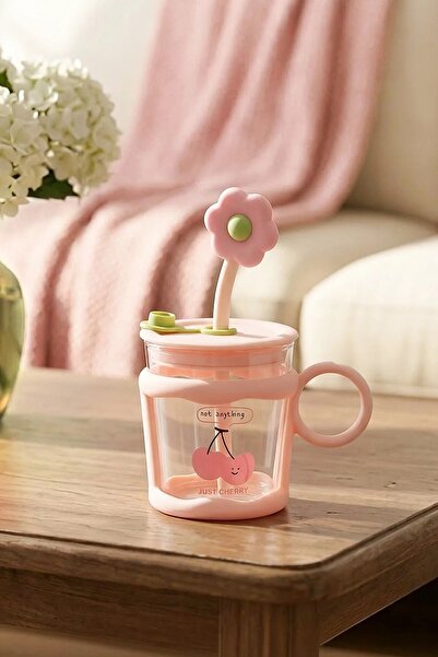 NESS HOME 450 ml Cherry Patterned Borosilicate Glass Cup with Straw and Handl...