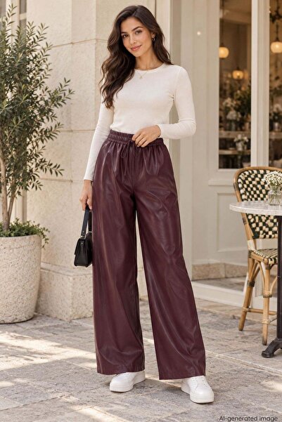 Mossta High Waist Lace-Up Wide Leg Leather Trousers - Burgundy
