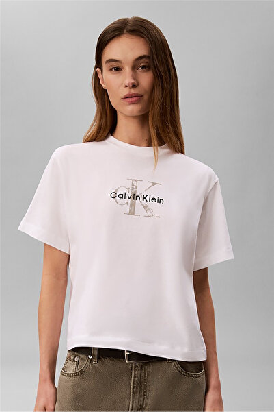 Calvin Klein Ss Boxy Hand Drawn Monologo Tee Women's Crew Neck T-Shirt White