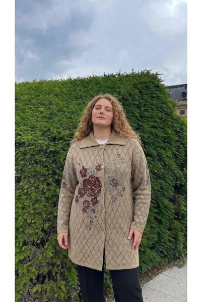 onno style women BÜYÜK BEDEN EKOSE GÜL PİKE DESENLİ ÇELİK ÖRGÜ KADIN TRİKO KABAN