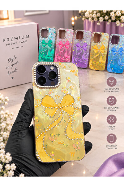 İphone 13 Pembe Fiyonklu Taşlı Premium Telefon Kılıfı