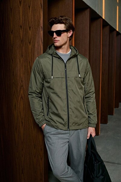 comstar Men's Casual Khaki Hooded Raincoat & Windbreaker with Zipper Pockets