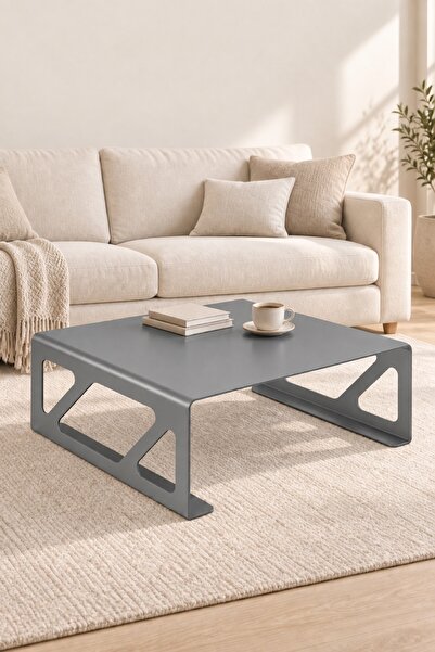 Kare Paslanmaz Çelik Orta Sehpa - 80x80 cm - Geometrik Kesim Çelik Gövdeli Modern Sehpa - Metal Salon Sehpası