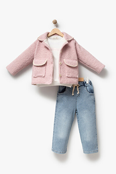 Jikko Baby Girl's Lace Trimmed Plush Jacket, Printed Sweatshirt and Stone Det...