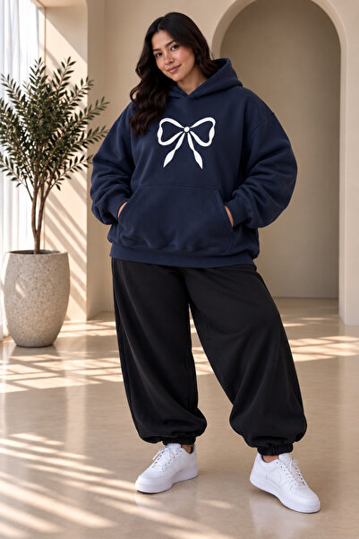 Rubonia Women's Plus Size Oversize Bowknot Printed Hooded 2-Piece Tracksuit S...