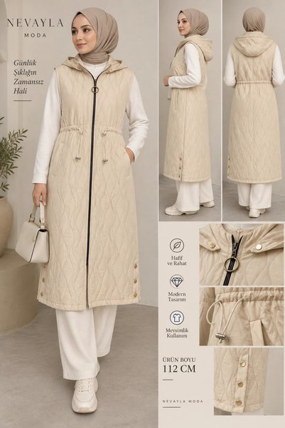 Nevayla Moda Mevsimlik Kapüşonlu Yelek - Bej / M117