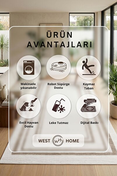 West Home Makinede Yıkanabilir Kaymaz Taban Leke Tutmaz Dijital Salon Mutfak Balkon Halısı ve Yolluk