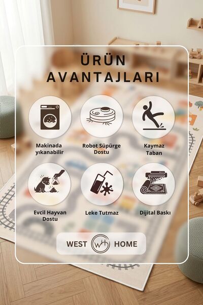 West Home Oyun halısı makinede yıkanabilir kaymaz taban leke tutmaz çocuk odası halısı