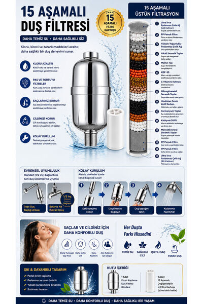 Fause Banyo Su Arıtma Cihazı Duş Filtresi 15 Aşama Filtreli Saç ve Cilt Dostu Klor Kireç Önleyici
