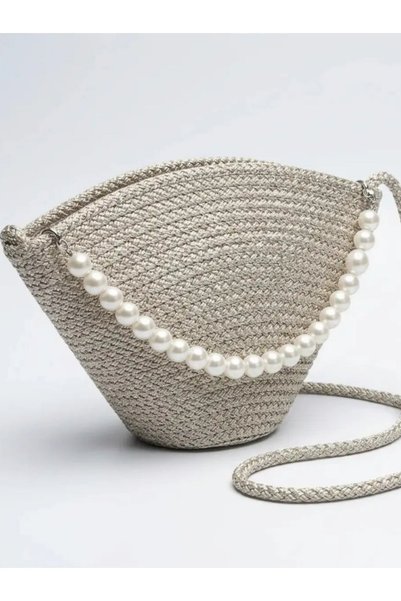 Generic Brand Pearl Detailed Knitted Women's Shoulder Bag Beige