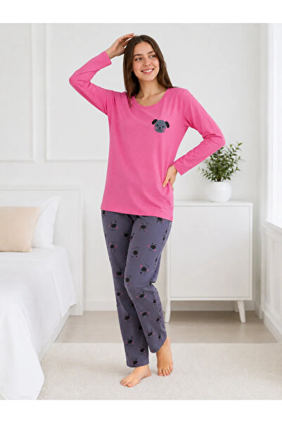 Serena Pijama de Damă cu Bluză și Pantalon Gri Imprimat cu Cățeluși- Roz
