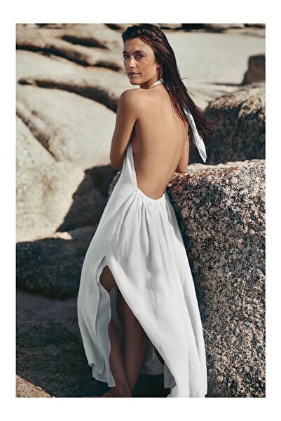 THE WHITE COMPANY Halter Neck Linen White Beach Women's Maxi Dress