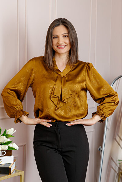 OEM Bluza dama satinata maro caramel cu aplicatie tip cravata Yvonne