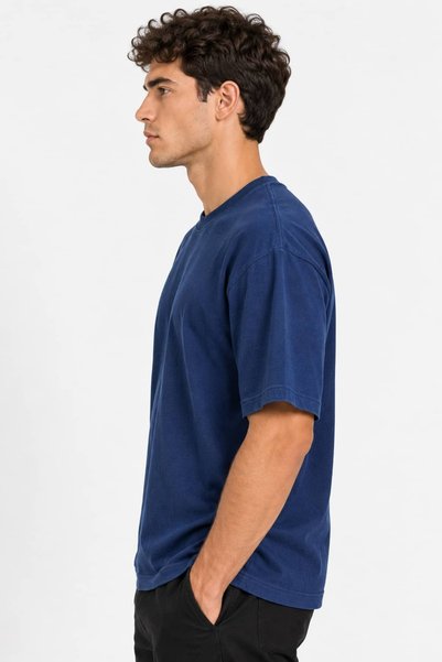 Vasto Moda Erkek Oversize Kalın Dokulu %100 Organik Pamuk Bisiklet Ribana Yakalı Lacivert T-Shirt