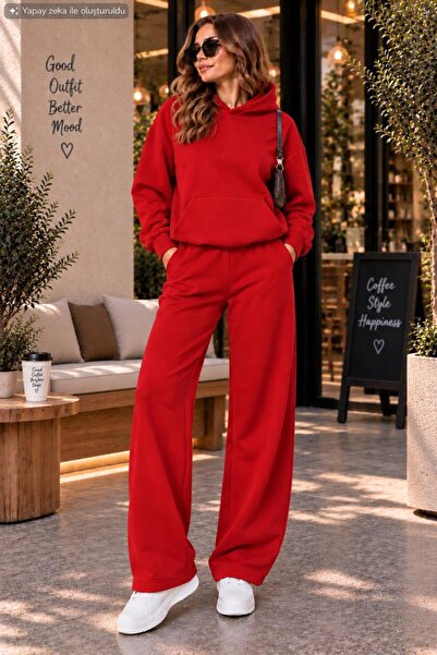 EMMODA Kadın Kapüşonlu Kanguru Cepli Geniş Paça İkili Eşofman Takımı Oversize