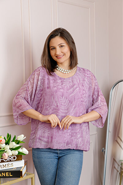 OEM Bluza dama Maddie din voal lila cu imprimeu floral alb